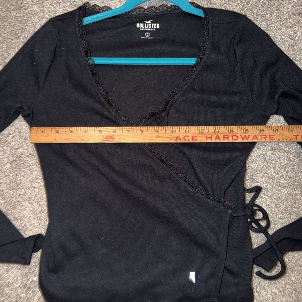 Y2K Easy Wrap Babydoll Top Shirt Large Black Hollister LS Lace V-Neck